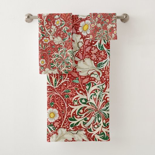 William Morris Seaweed Antiek Flower Red Green Bad Handdoek (Insitu)