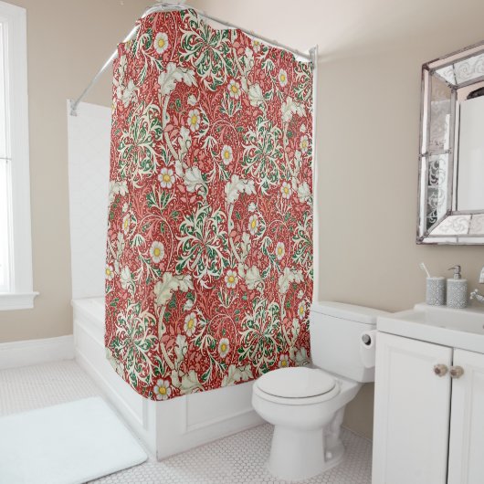 William Morris Seaweed Antiek Flower Red Green Douchegordijn (In situ)