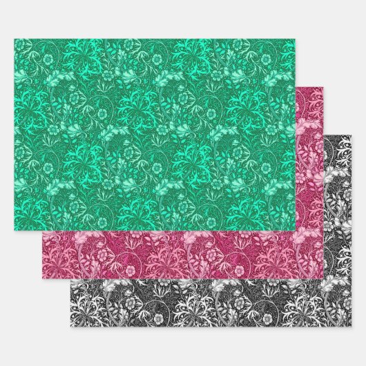 William Morris Seaweed Floral, Aqua Pink & Black Inpakpapier Vel (Set)