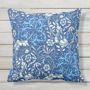 William Morris Seaweed Floral, Cobalt Blue en Whit Buitenkussen