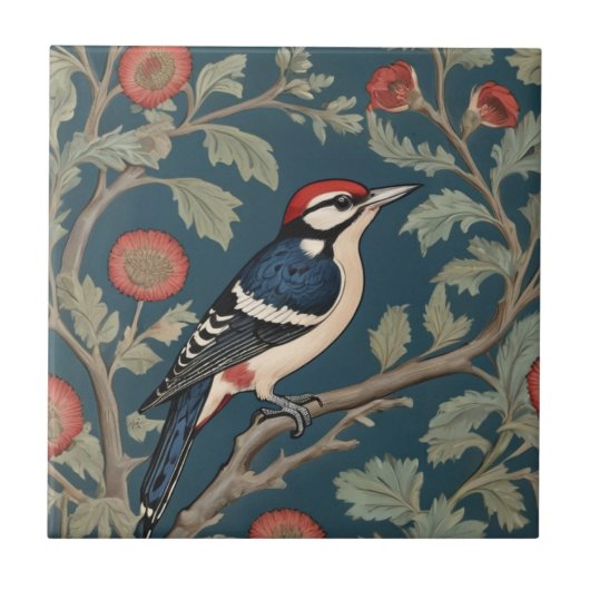William Morris stijl Grote gevlekte specht Vogel Tegeltje (Voorkant)