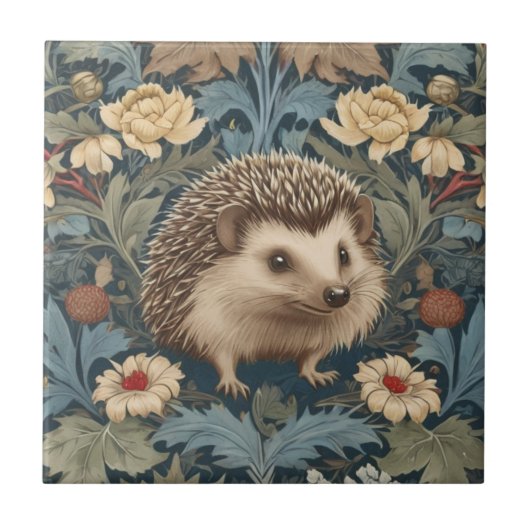 William Morris stijl Hedgehog Rechts Facing Floral Tegeltje (Voorkant)