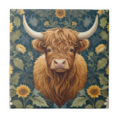 William Morris stijl Highland Koe Geel Zonnebloem Tegeltje (Voorkant)