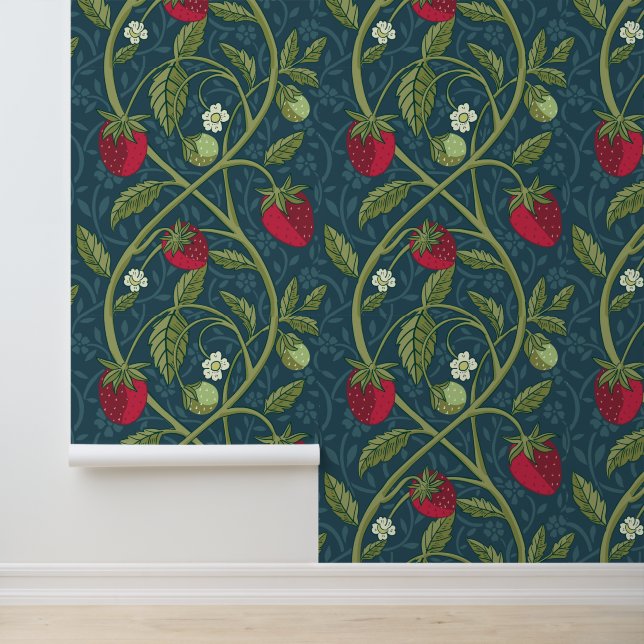 William Morris Stijl Jade & Rode Aardbei Patroon Behang (Applicatie)