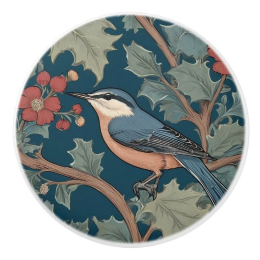 William Morris stijl Left Facing Nuthatch Bird Keramische Knop (Voorkant)