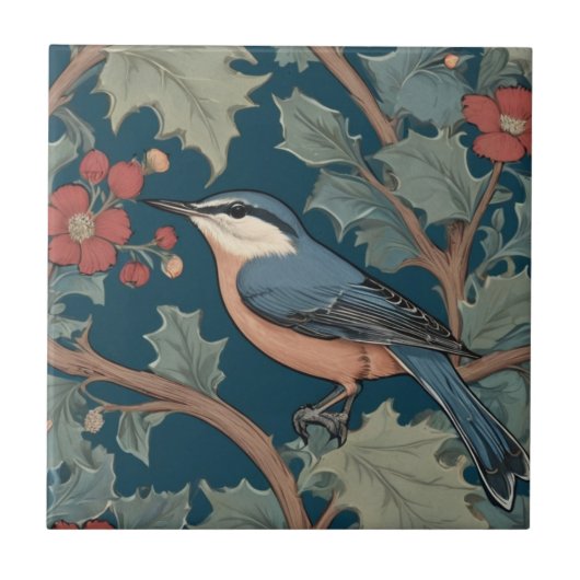 William Morris stijl Left Facing Nuthatch Bird Tegeltje (Voorkant)