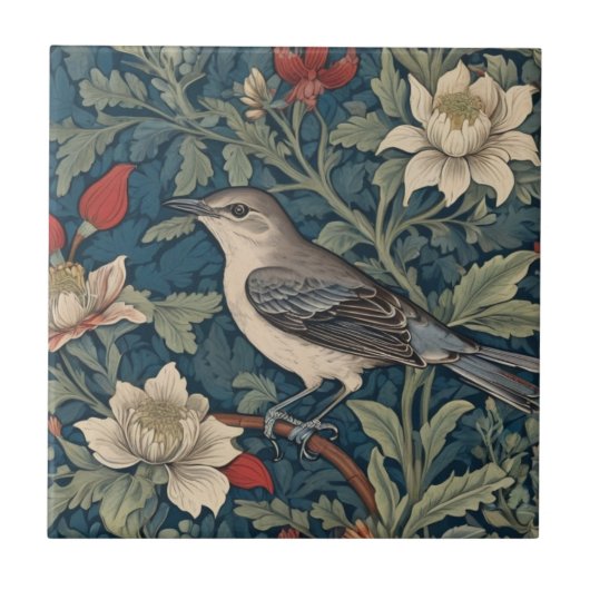 William Morris stijl Left Mockingbird Vogel bloeme Tegeltje (Voorkant)