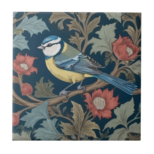 William Morris stijl Links tegenover Bird Blue Tit Tegeltje (Voorkant)