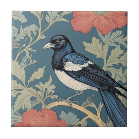 William Morris stijl Links tegenover Magpie Bird Tegeltje (Voorkant)