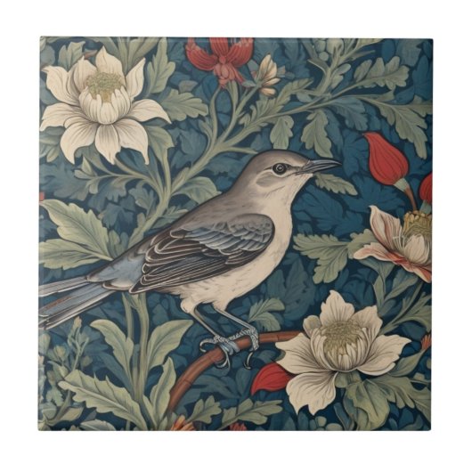 William Morris stijl Rechter Mockingbird Vogel blo Tegeltje (Voorkant)