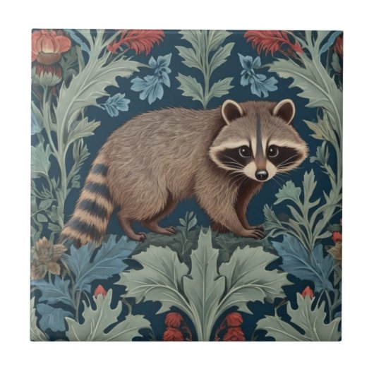 William Morris stijl Rechts geconfronteerd Raccoon Tegeltje (Voorkant)