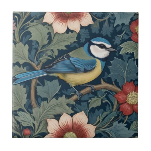 William Morris stijl Rechts tegenover Bird Blue Ti Tegeltje (Voorkant)