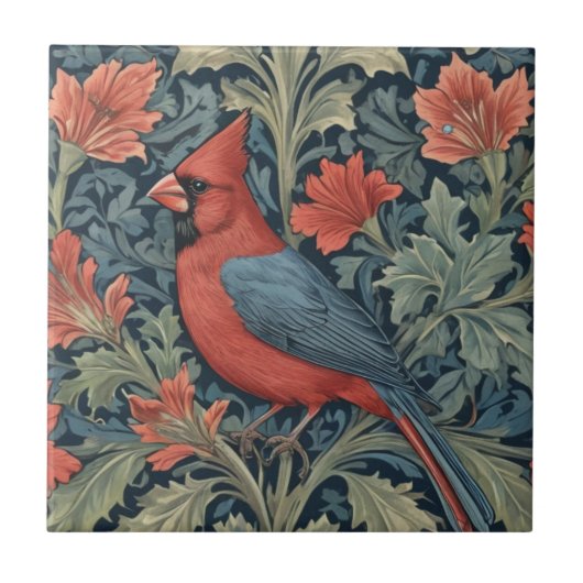 William Morris stijl Rode Kardinaal Vogel L bloeme Tegeltje (Voorkant)
