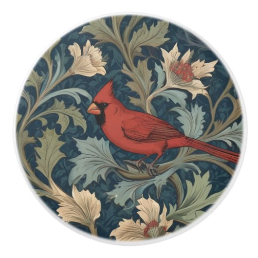 William Morris stijl Rode Kardinaal Vogel links te Keramische Knop (Voorkant)