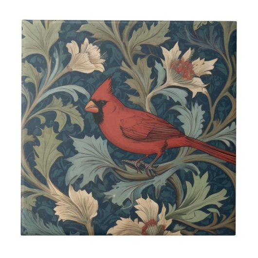William Morris stijl Rode Kardinaal Vogel links te Tegeltje (Voorkant)