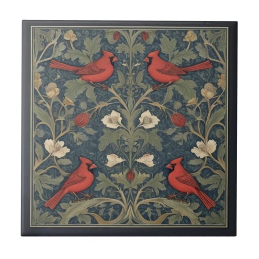 William Morris stijl Rode Kardinaal Vogels Tegeltje (Voorkant)