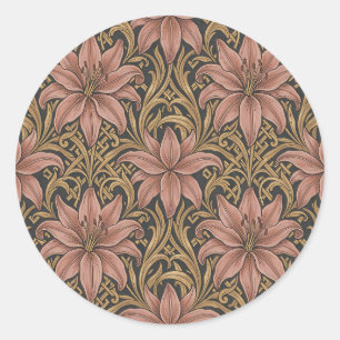 William Morris stijl roze lelie bloempatroon donke Ronde Sticker