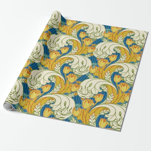 William Morris stijl Teal & Goud Tulp Bloem Kunst Cadeaupapier (Uitgerold)
