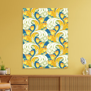 William Morris stijl Teal & Goud Tulp Bloem Kunst Canvas Afdruk