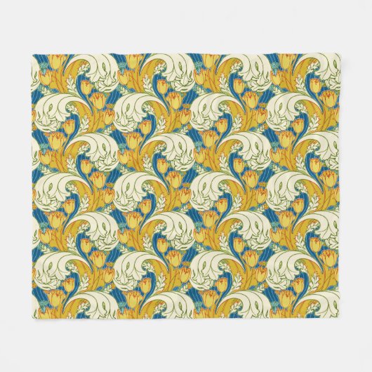 William Morris stijl teal & goud tulp bloem kunst Fleece Deken (Voorkant (Horizontaal))