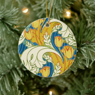 William Morris stijl Teal & Goud Tulp Bloem Kunst Keramisch Ornament