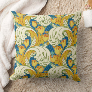 William Morris stijl teal & goud tulp bloem kunst Kussen