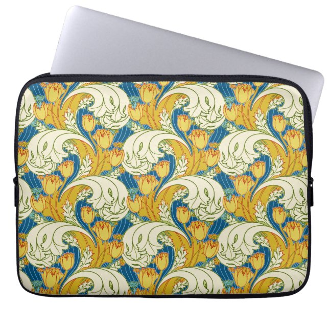 William Morris stijl Teal & Goud Tulp Bloem Kunst Laptop Sleeve (Voorkant)