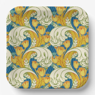 William Morris stijl Teal & Goud Tulp Bloem Kunst Papieren Bordje