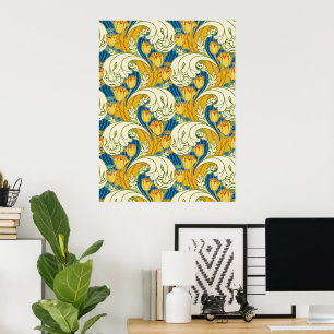 William Morris stijl Teal & Goud Tulp Bloem Kunst Poster