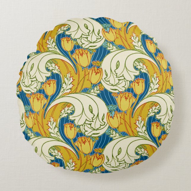 William Morris stijl teal & goud tulp bloem kunst Rond Kussen (Voorkant)