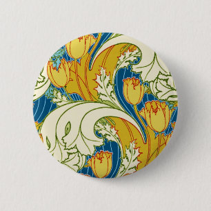 William Morris stijl Teal & Goud Tulp Bloem Kunst Ronde Button 5,7 Cm