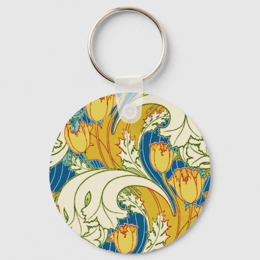 William Morris stijl Teal & Goud Tulp Bloem Kunst Sleutelhanger (Voorkant)