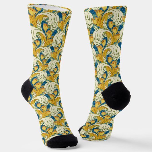 William Morris stijl Teal & Goud Tulp Bloem Kunst Sokken (Gebogen)
