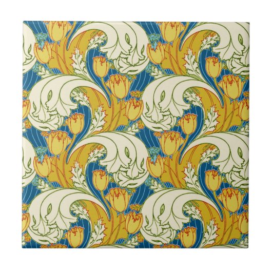 William Morris stijl teal & goud tulp bloem kunst Tegeltje (Voorkant)