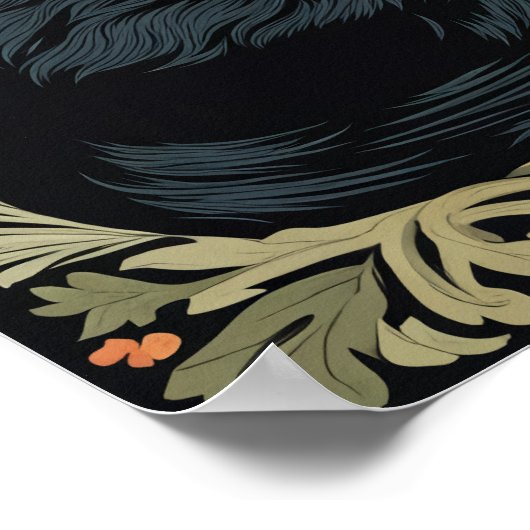 William Morris Stijl Zwart Schattige Kat Botanical Poster (Hoek)