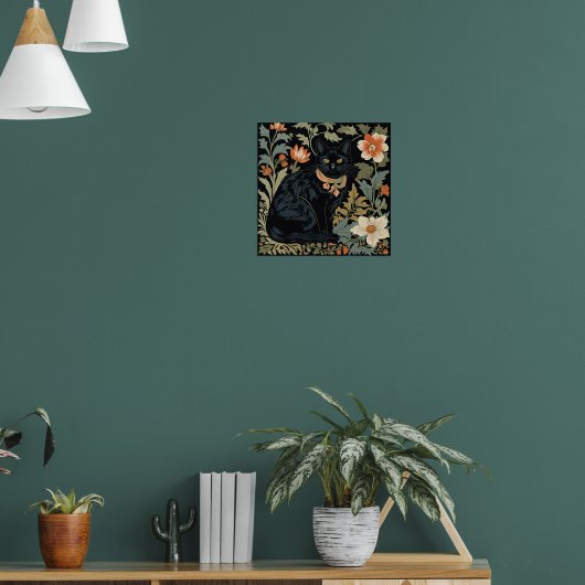 William Morris Stijl Zwart Schattige Kat Botanical Poster (Woonkamer 1)