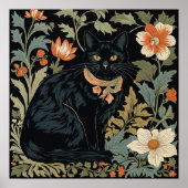 William Morris Stijl Zwart Schattige Kat Botanical Poster (Voorkant)