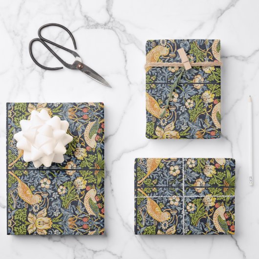 William Morris - Strawberry Thief Floral Pattern Inpakpapier Vel (Voorkant)