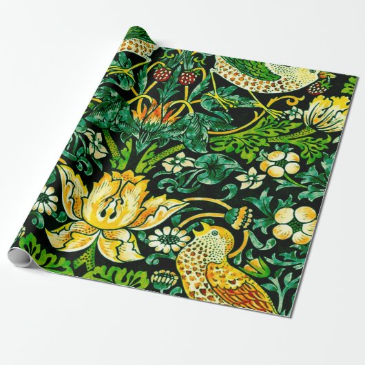 William Morris Strawberry Thief Green en Oranje Cadeaupapier (Uitgerold)
