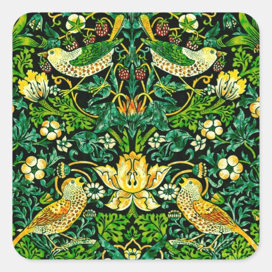 William Morris Strawberry Thief Green en Oranje Vierkante Sticker (Voorkant)