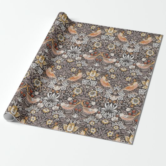 William Morris Strawberry Thief Houtskool Okergeel Cadeaupapier (Uitgerold)