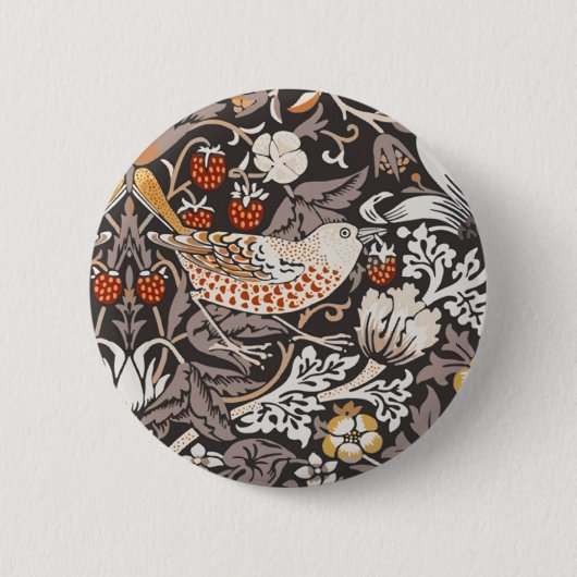 William Morris Strawberry Thief Houtskool Okergeel Ronde Button 5,7 Cm (Voorkant)