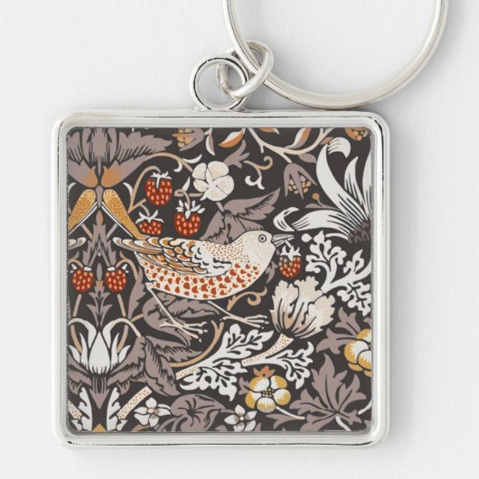 William Morris Strawberry Thief Houtskool Okergeel Sleutelhanger (Voorkant)