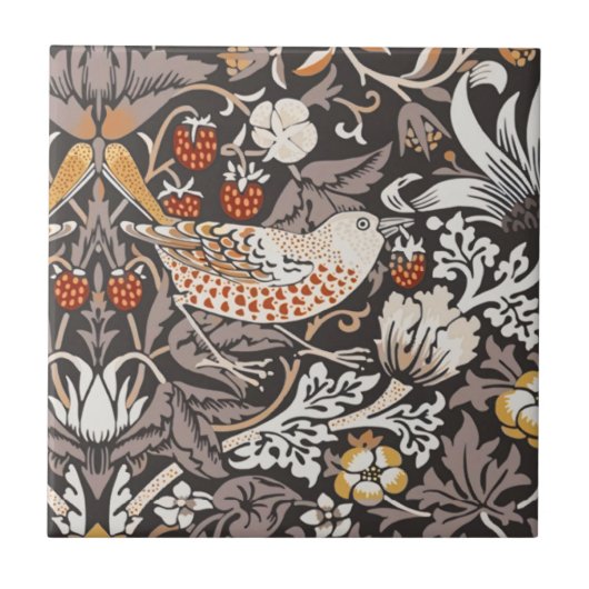 William Morris Strawberry Thief Houtskool Okergeel Tegeltje (Voorkant)