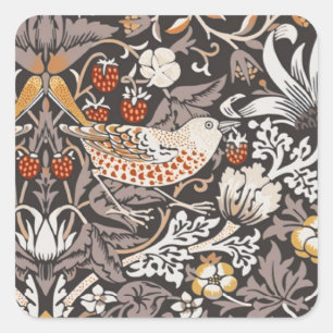 William Morris Strawberry Thief Houtskool Okergeel Vierkante Sticker