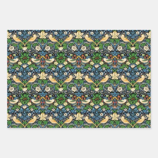 William Morris Strawberry Thief, Multi Blauw Zwart Inpakpapier Vel (Voorkant)