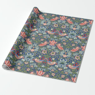 William Morris Strawberry Thief Navy Koraal Cadeaupapier