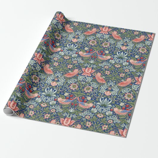 William Morris Strawberry Thief Navy Koraal Cadeaupapier (Uitgerold)