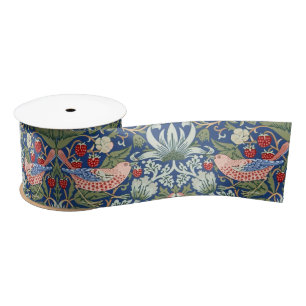 William Morris Strawberry Thief Navy Koraal Satijnen Lint