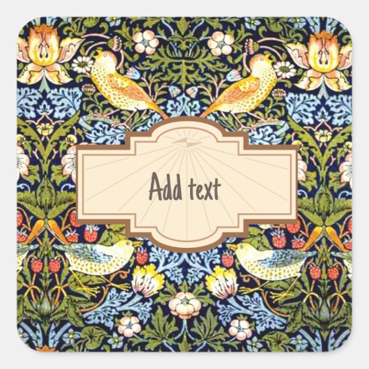 William Morris: Strawberry Thief SJABLOON, Vierkante Sticker (Voorkant)